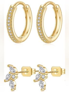#135 Sterling Silver Gold Cubic Zirconia Huggie Hoop and Stud Earring Set